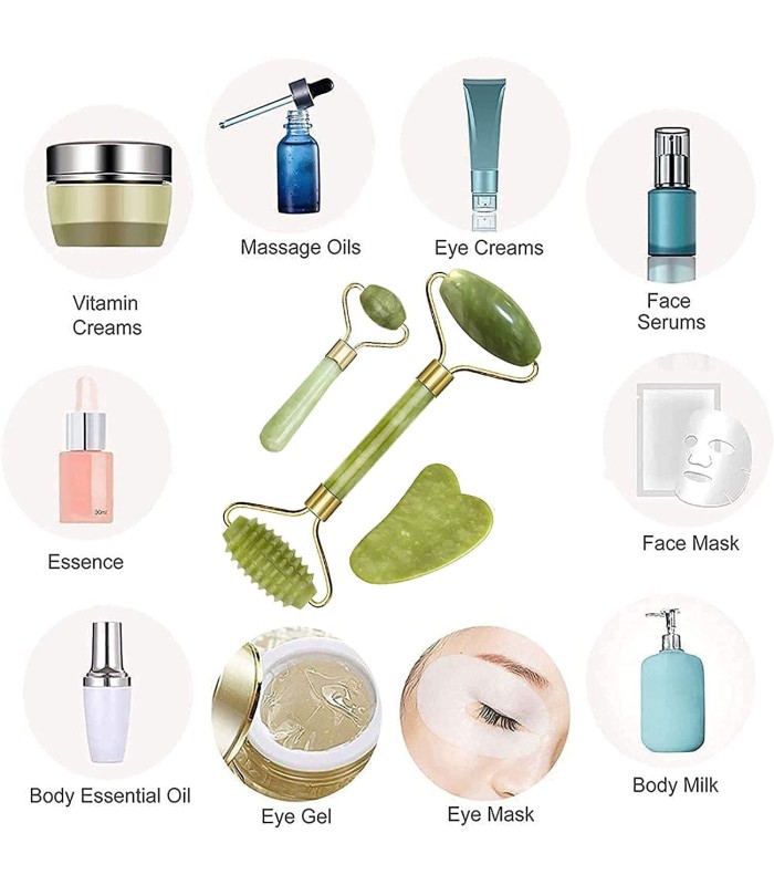 RODILLO DE JADE CON GUA SHA  Y MASAJEADOR ORBICULAR